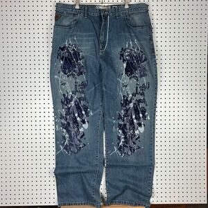 Akademiks Blue Paint Splatter Baggy Jeans 40x34 Y2K Hip Hop Denim Graffiti Goth